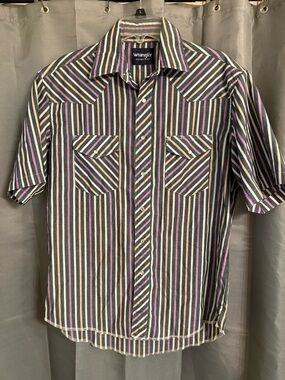 Wrangler Short Sleeve Striped Button-Up Shirt - Black, Purple & Cream